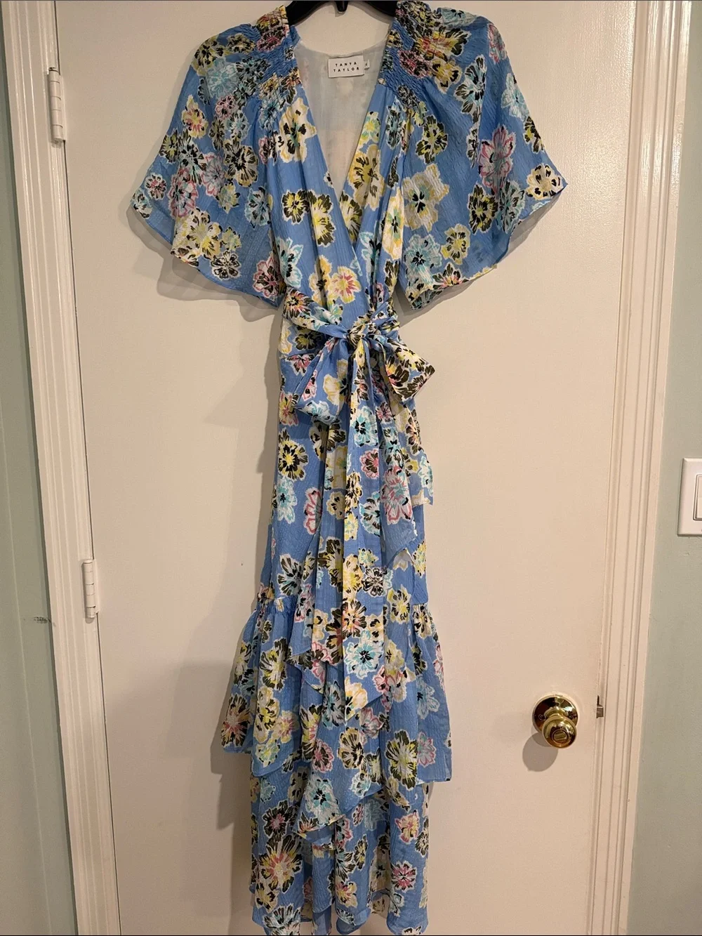 Tanya Taylor Light Blue Floral Wrap Jumpsuit